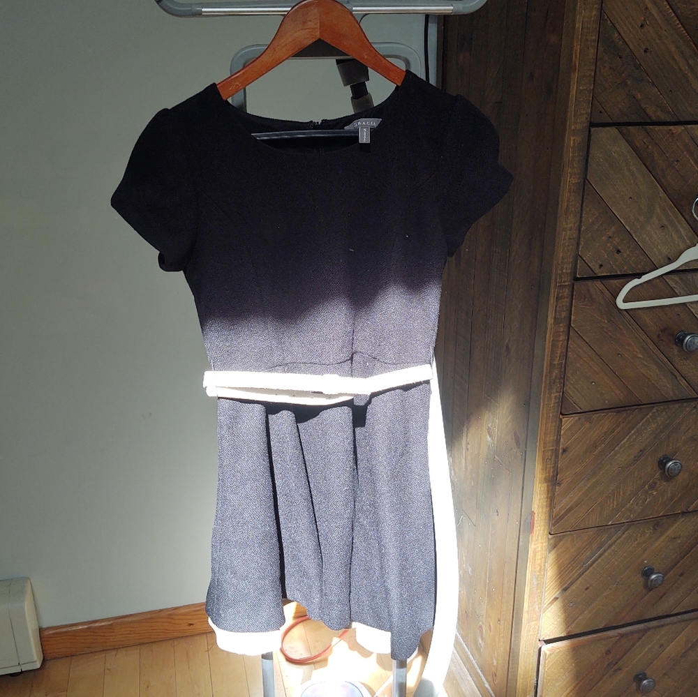 Gracias size S black mini dress with ivory belt and trim